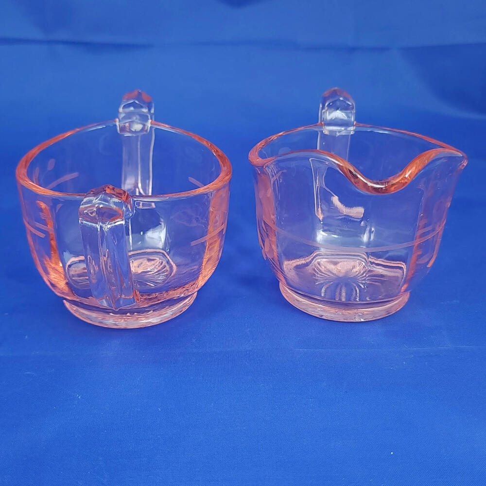 Vintage Pink Pressed Glass Cream and Sugar Set‎ Etched Floral Pattern